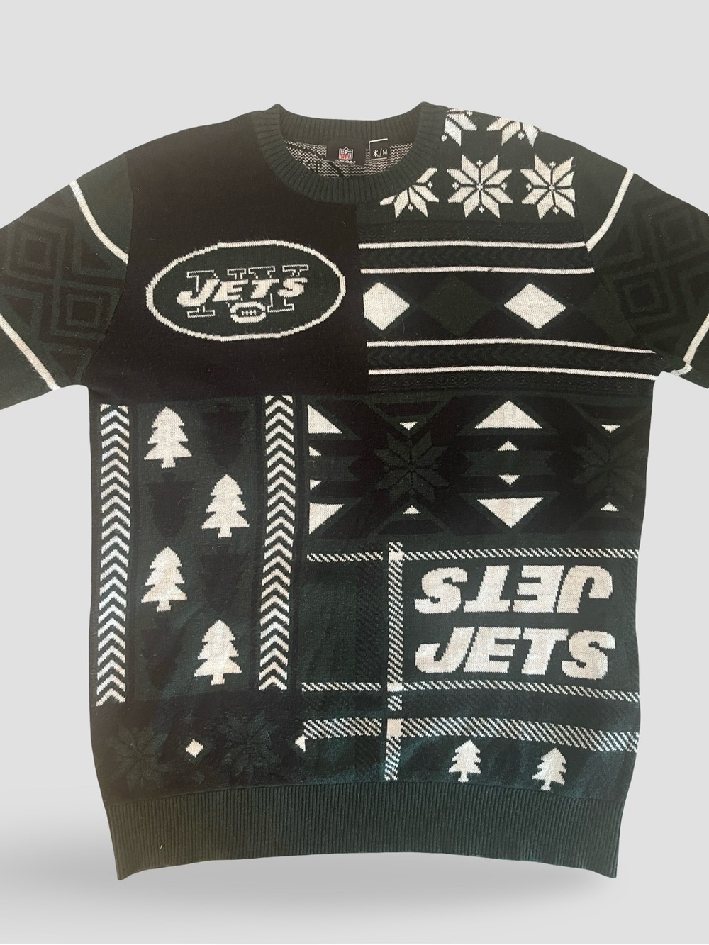 NFL New York Jets Black and White Holiday Christmas Patchwork Crewneck Sweater
